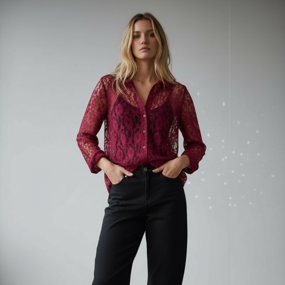 Vintage Z Studio Lace Button Up Long Blouse in A Gorgeous Cranberry Color - Picture 10 of 10